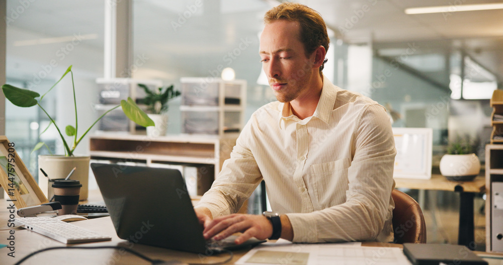 Business, man and typing on laptop with documents for budget report, company audit and performance review. Accountant, employee and technology with paperwork for finance management and writing email Business, man and typing on laptop with documents for budget report, company audit and performance review. Accountant, employee and technology with paperwork for finance management and writing email