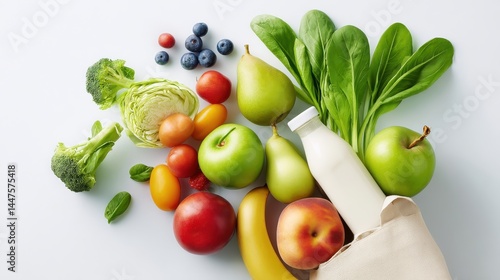 A vibrant collection of fresh fruits vegetables and dairy products spills from a brown paper bag onto a clean white background showcasing healthy eating choices.