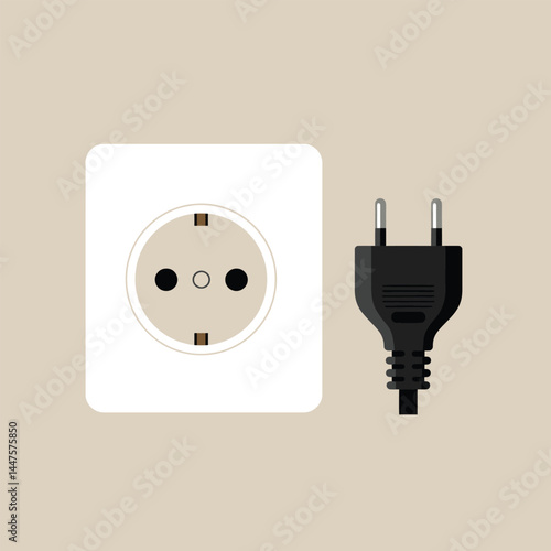 Electric white socket and black plug. Flat style