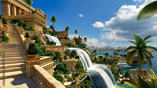 Time-lapse landscape showing a modern interpretation of the Hanging Gardens of Babylon with waterfalls and terraces. 4K video