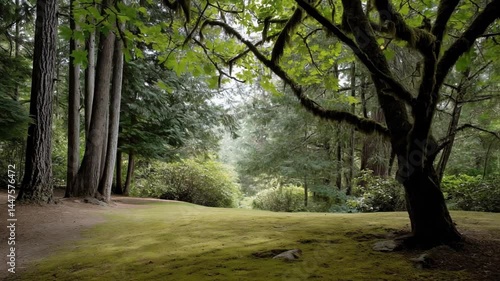 A serene clearing surrounded by tall trees where a carpet of soft moss invites foot walking and gentle breezes rustle the branches overhead.