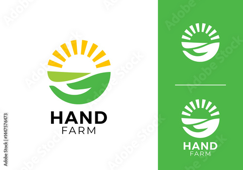 creative hand with sun logo. nature landscape agriculture symbol vector inspiration