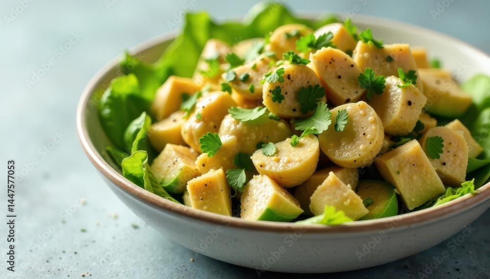 Creamy avocado chicken salad, served in a bowl, comfortfood, appetizer, delicious Creamy avocado chicken salad, served in a bowl, comfortfood, appetizer, delicious