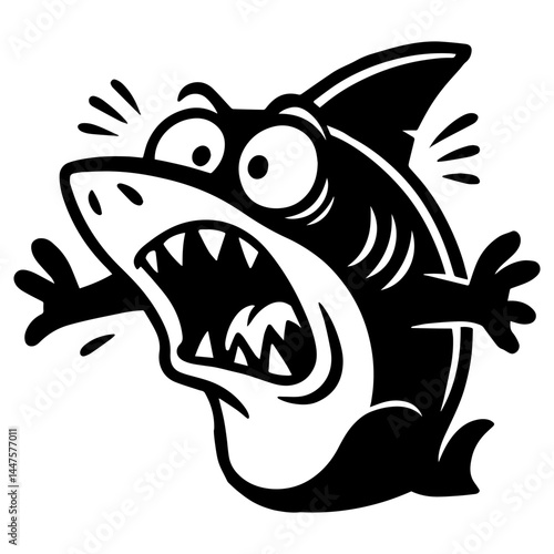 Cartoon shark with wide eyes, open mouth, sharp teeth and raised fins in a scared expression, black and white vector illustration.