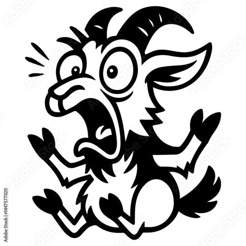 Cartoon goat with wide eyes, open mouth and raised legs in a scared expression, black and white vector illustration.