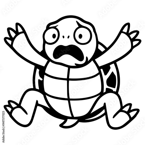 Cartoon turtle with wide eyes, open mouth and raised legs in a scared expression, black and white vector illustration.