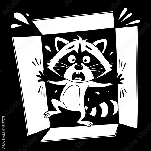 Crazy cartoon raccoon standing in doorway with panicked expression, wide eyes and open mouth, black and white vector illustration.