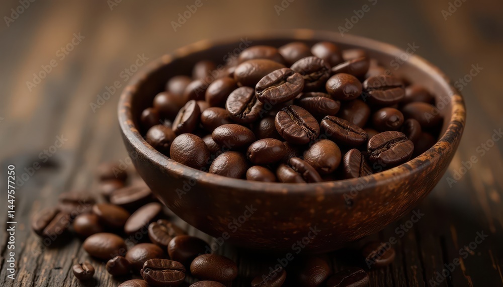 Fototapeta premium Deep roasted Balinese coffee beans in rustic bowl, earthy, rich