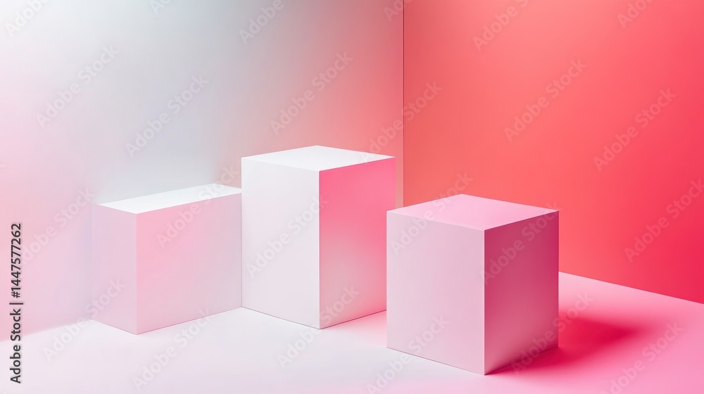 Three white and pink cubic display pedestals in a corner setting. Three white and pink cubic display pedestals in a corner setting.