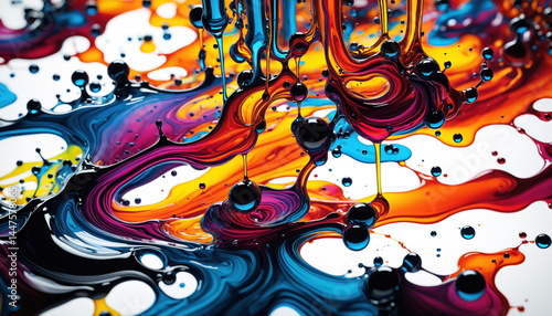 Close-up of a mesmerizing abstract artwork featuring vibrant, swirling liquids in hues of blue, purple, orange, and yellow, interspersed with large, glossy black bubbles