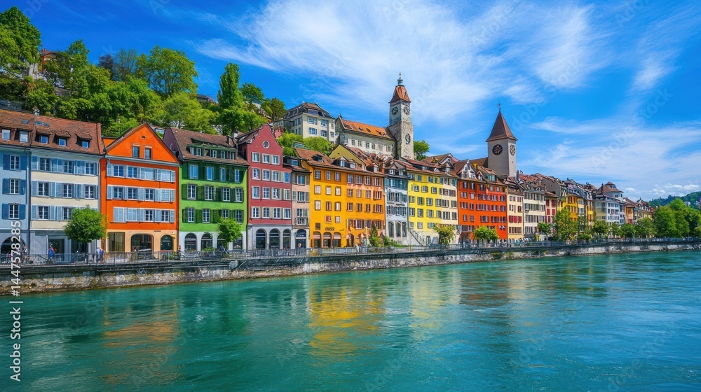 Naklejka premium Vibrant colorful buildings lining a river