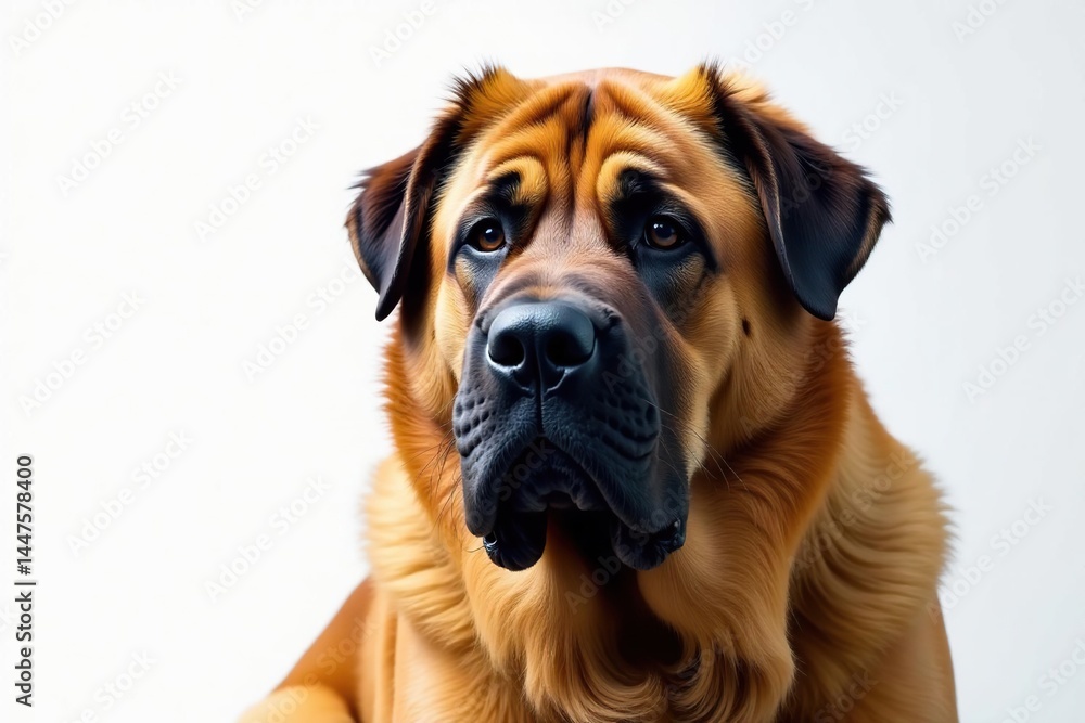 Imposing mastiff, head and shoulders, pure white backdrop, large, stock image Imposing mastiff, head and shoulders, pure white backdrop, large, stock image