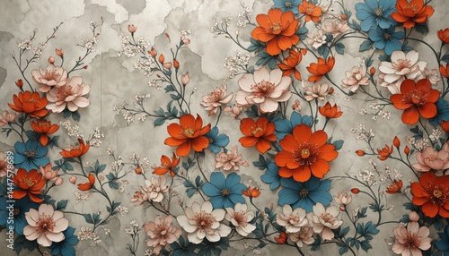 Grey textured wall adorned with pink flowers and green leaves, creating a beautiful effect