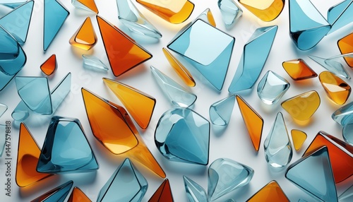 Various geometric shapes, including triangles, diamonds, and rectangles, in shades of orange, blue, and white, arranged on a white background
