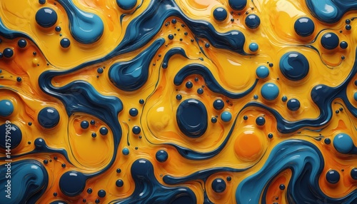 Close-up of a vibrant blue and yellow abstract paint texture with swirling patterns and bubbles