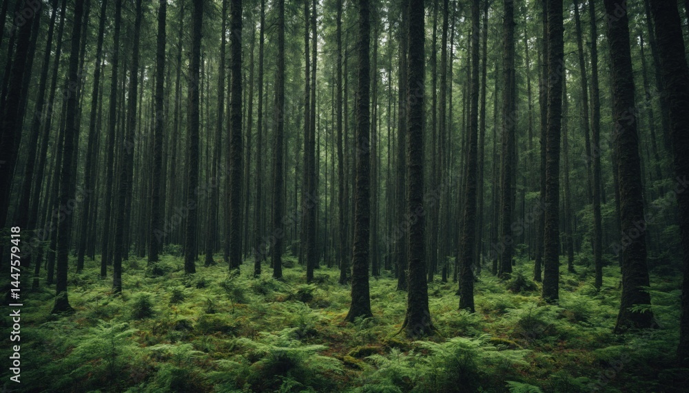 Obraz premium A photograph of a dense forest with tall pine trees and a thick carpet of ferns covering the forest floor