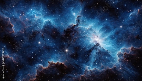 A stunning, high-resolution image of the Carina Nebula, showcasing the intricate details of its blue and black clouds of gas and dust