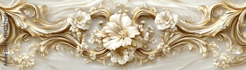 Floral arrangement with a golden decorative element against a marble background texture