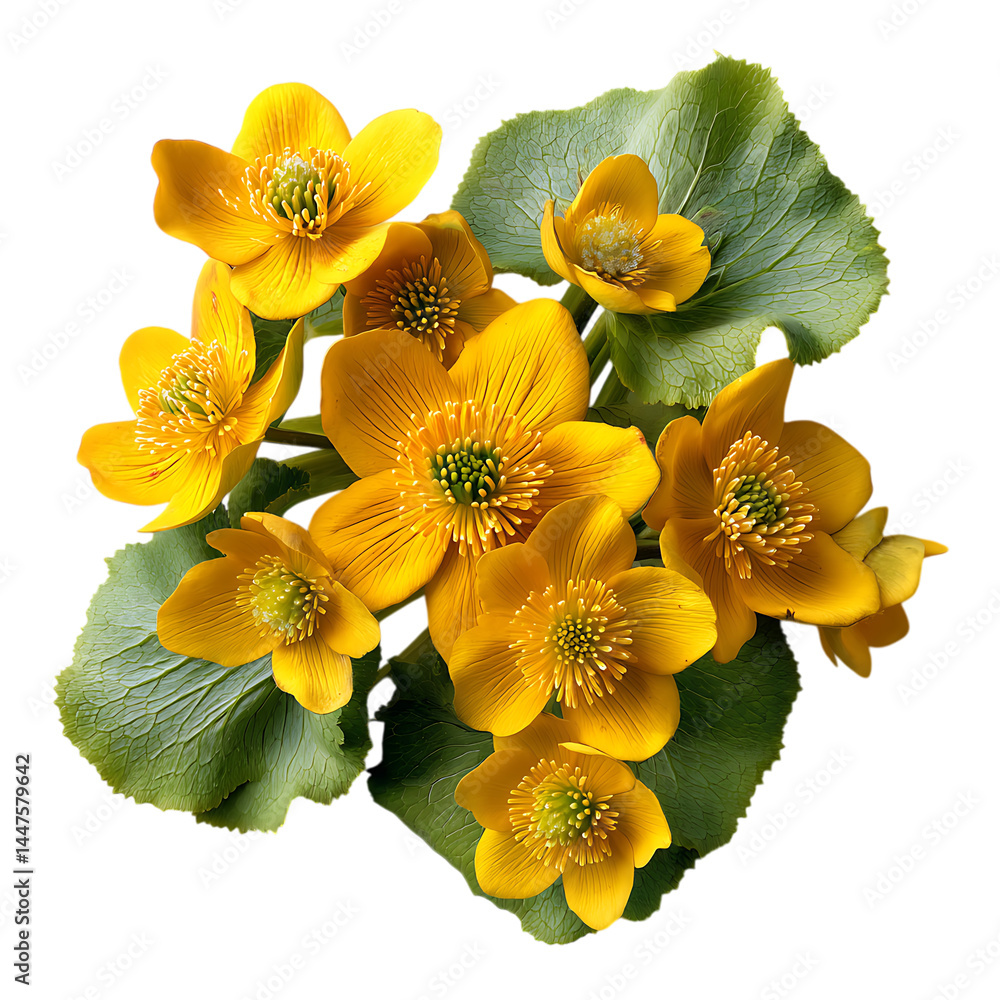 Naklejka premium Gorgeous Yellow Marsh Marigold in White Background