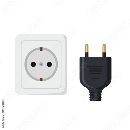 Electric white socket and black plug. Flat style
