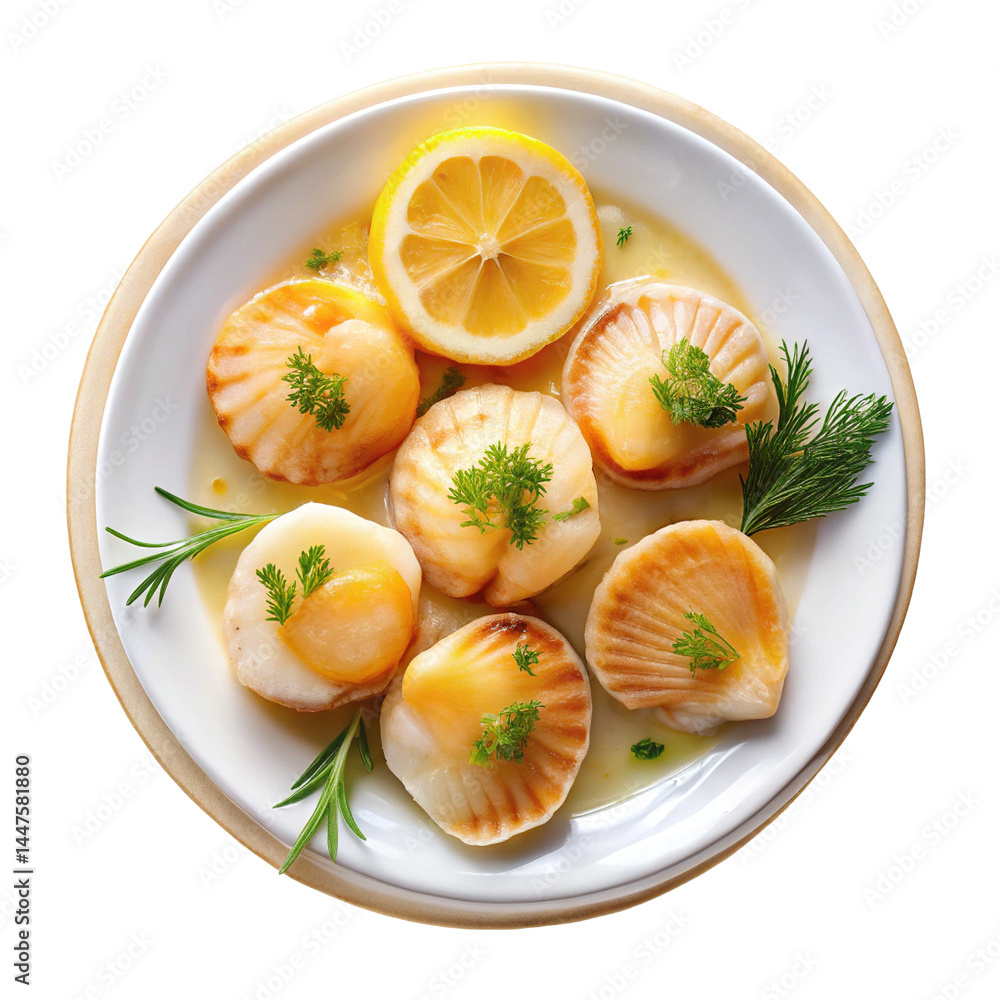 Seared Scallops with Lemon Butter Sauce and Herb Garnish on White Plate Seared Scallops with Lemon Butter Sauce and Herb Garnish on White Plate