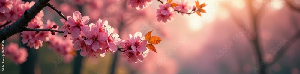 Pink cherry blossoms in full bloom, dappled sunlight filtering through a lush forest , green, blossom Pink cherry blossoms in full bloom, dappled sunlight filtering through a lush forest , green, blossom