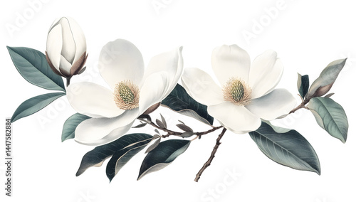 Elegant Magnolia Flower Illustration – White Blossoms on Branch