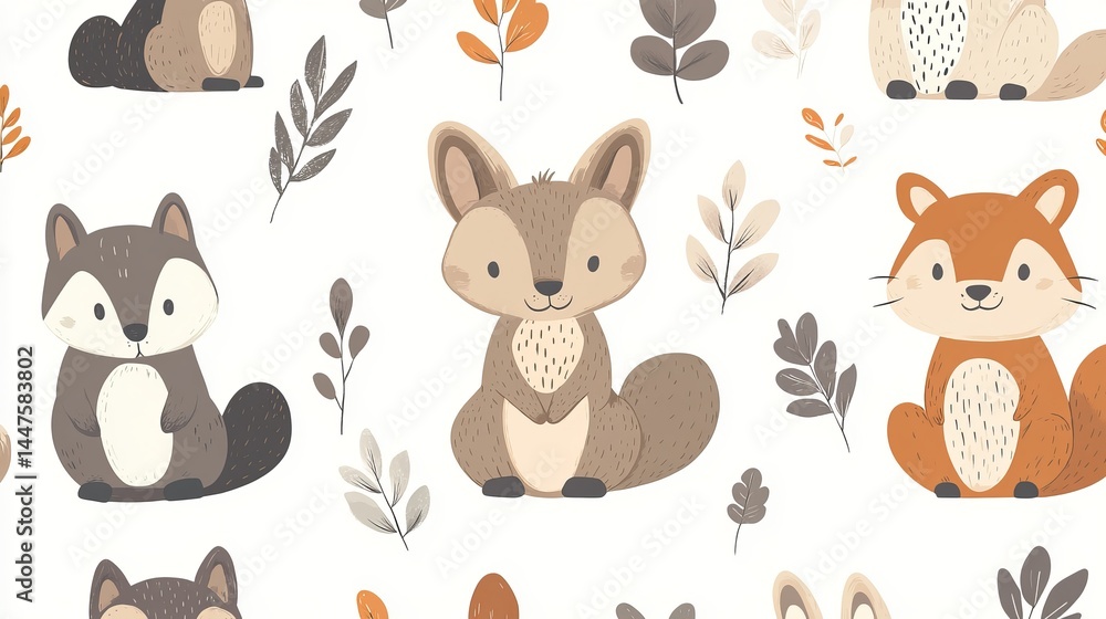 Obraz premium Charming Seam Pattern Featuring Playful Foxes Adorned with Colorful Leaves in a Whimsical Nature Design