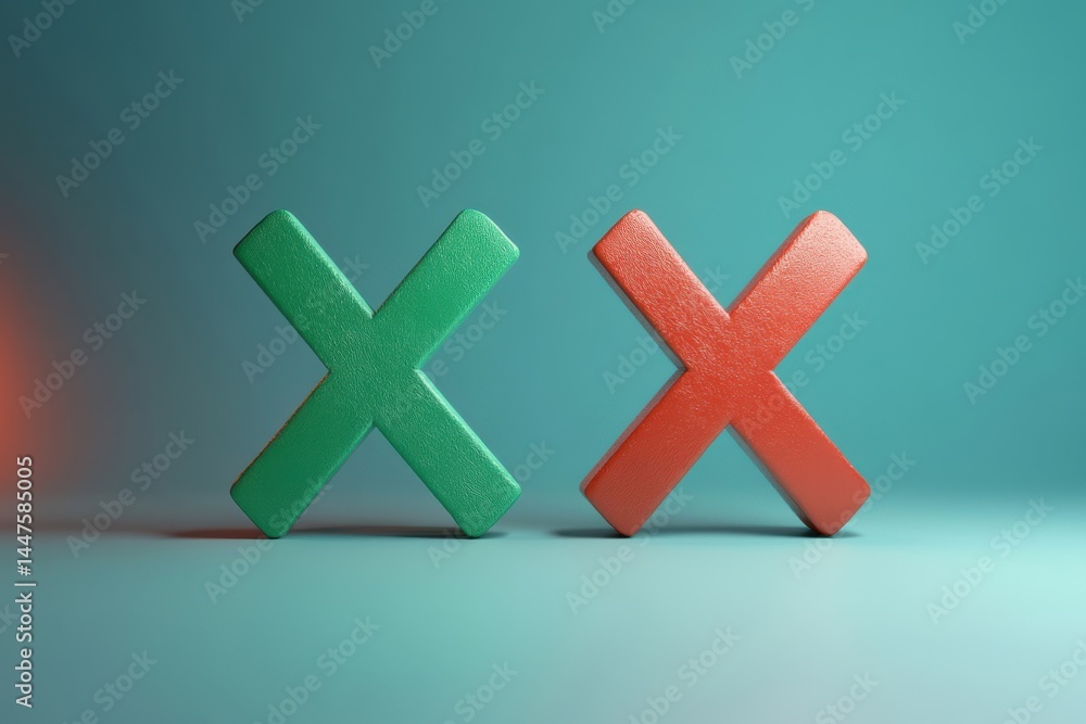 Fototapeta premium Dynamic green checkmark alongside bold red cross for decision-making visuals in business communications and presentation graphics
