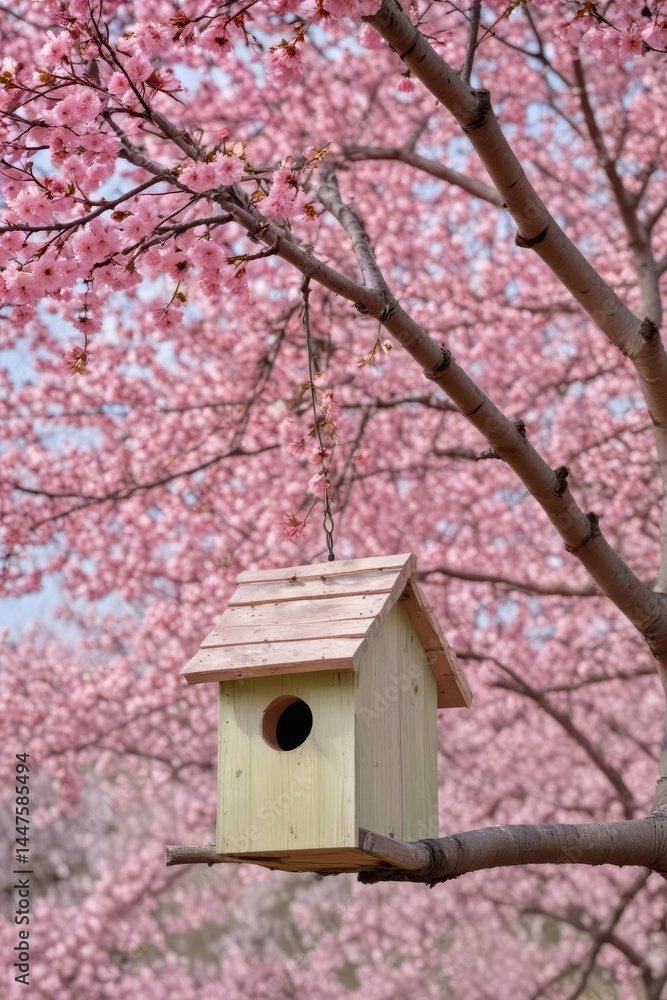 Birdhouse nestled in cherry blossom tree branches , picture, birdhouse, ecology Birdhouse nestled in cherry blossom tree branches , picture, birdhouse, ecology