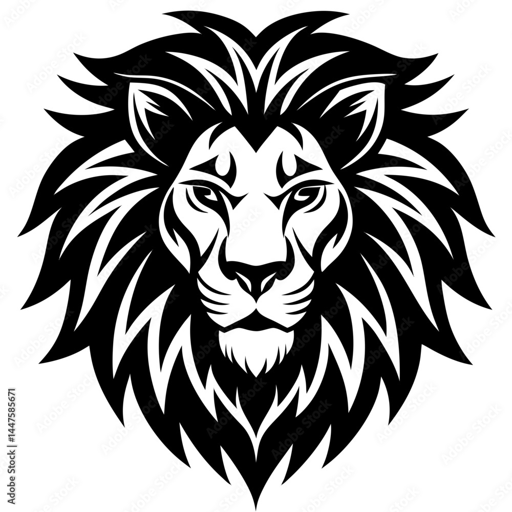 Fototapeta premium Black and white illustration of a lion's face, symbolizing strength, power, and courage, perfect for animal, wildlife, and empowerment-themed designs.