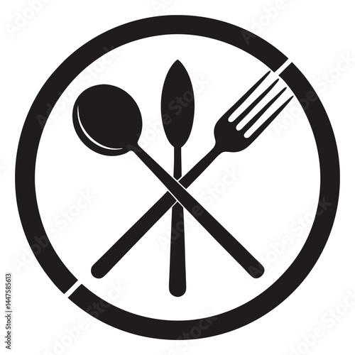 Black and white icon of crossed utensils (spoon, fork, and knife) inside a circle, representing dining, food, and restaurant services, perfect for food-related, restaurant, and kitchen-themed designs.