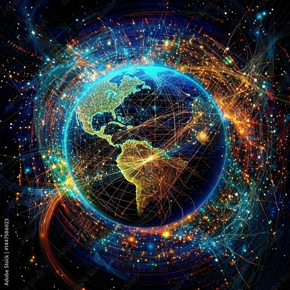 Obraz premium Artistic depiction of technology's impact on data sharing around the planet.