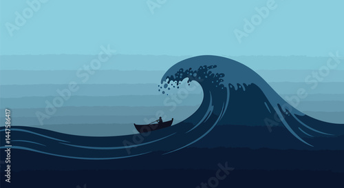 Tiny Boat Silhouette in Giant Wave