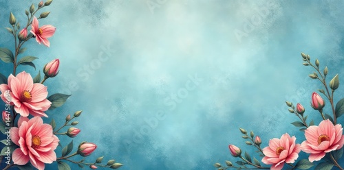 Dusty blue vintage background, delicate floral and leaf pattern , element, wallpaper, image