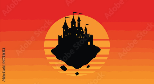 Minimalist Castle on Floating Rock Silhouette