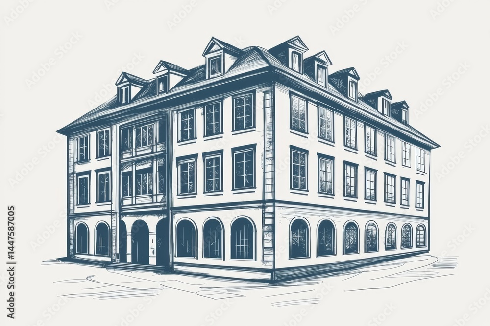 Fototapeta premium Intricate drawing of a spacious building with extensive window designs.