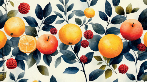 Bright illustration of fruits, citruses and berries. Fruit cover, fruit print. Juicy fruits, berries and citrus fruits stylized illustration ornament.	