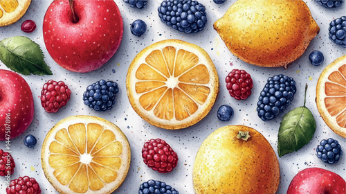 Bright illustration of fruits, citruses and berries. Fruit cover, fruit print. Juicy fruits, berries and citrus fruits stylized illustration ornament.	