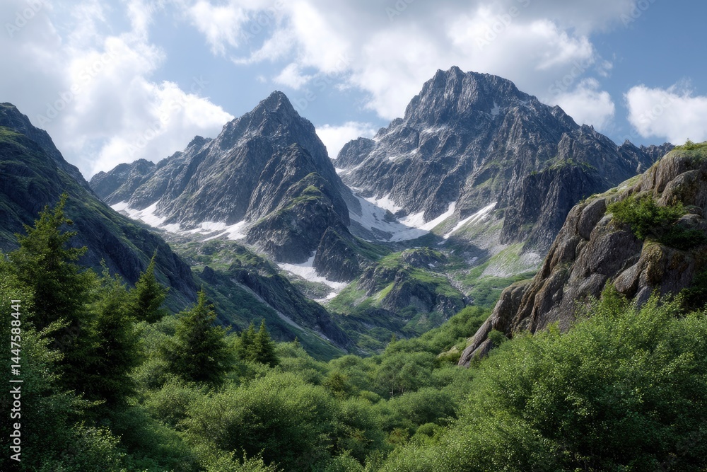 Mountain Peak View with Snow and Greenery Mountain Peak View with Snow and Greenery