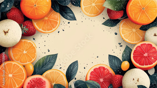 Fruits and berries illustration template with empty space for text. Fruit background art cover for juice and baby food. Fruits, berries and citruses stylized illustration.