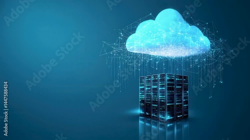 A cloud of data is falling from the sky onto a server box. The server box is surrounded by a blue background