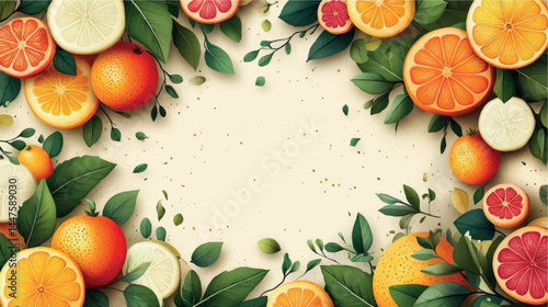 Fruits and berries illustration template with empty space for text. Fruit background art cover for juice and baby food. Fruits, berries and citruses stylized illustration.