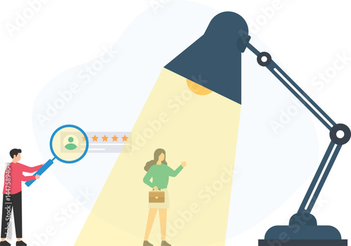 Recruiter using magnifying glass searching for candidate with desk lamp highlighting her profile, meticulously reviewing resumes and applications, identifying top talent and potential hires, carefully