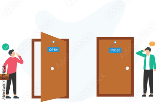 Businessmen choosing between open and closed door, making decision and selecting the right path, evaluating options and considering potential outcomes, weighing risks and rewards, analyzing business 