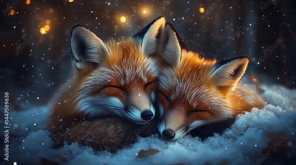 Fototapeta premium Two Sleepy Foxes Nestled in Soft White Snow Under a Bright Winter Sky Creating a Peaceful Scene