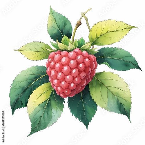 Watercolor raspberry plant illustration featuring ripe fruit and green leaves in a botanical style