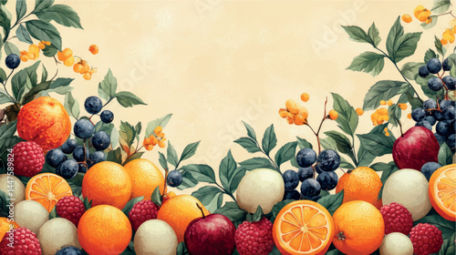 Fruits and berries illustration template with empty space for text. Fruit background art cover for juice and baby food. Fruits, berries and citruses stylized illustration.