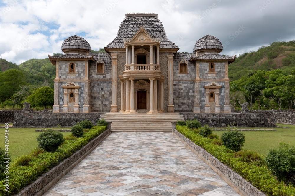 Obraz premium Mansion Facade with Columned Balcony and Stone Path