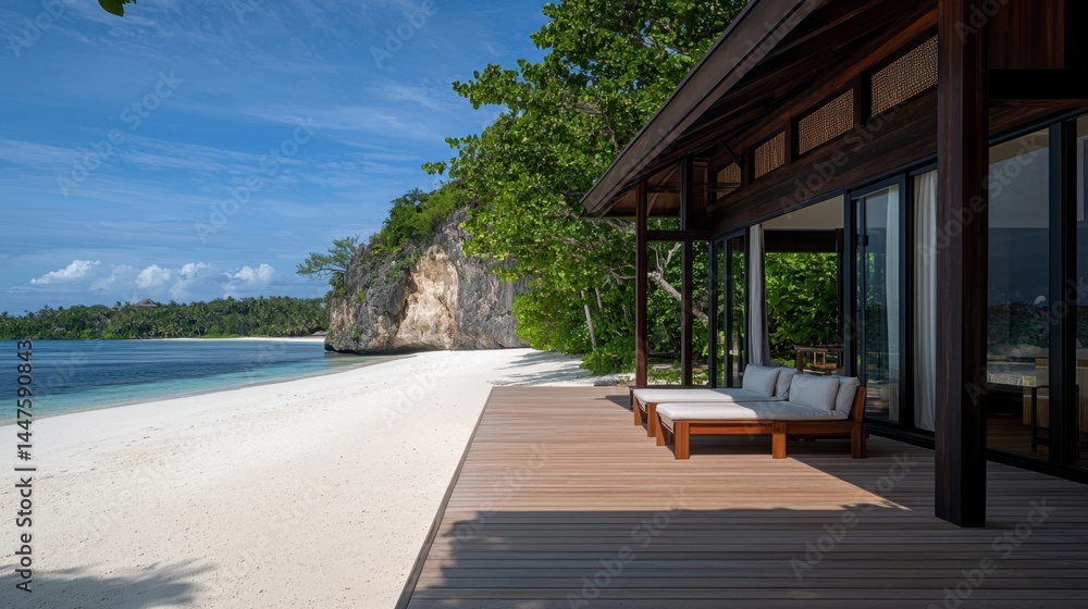 Naklejka premium Serene Beachfront Bungalow Overlooking Hidden Bay with Arranged Outdoor Lounge Area